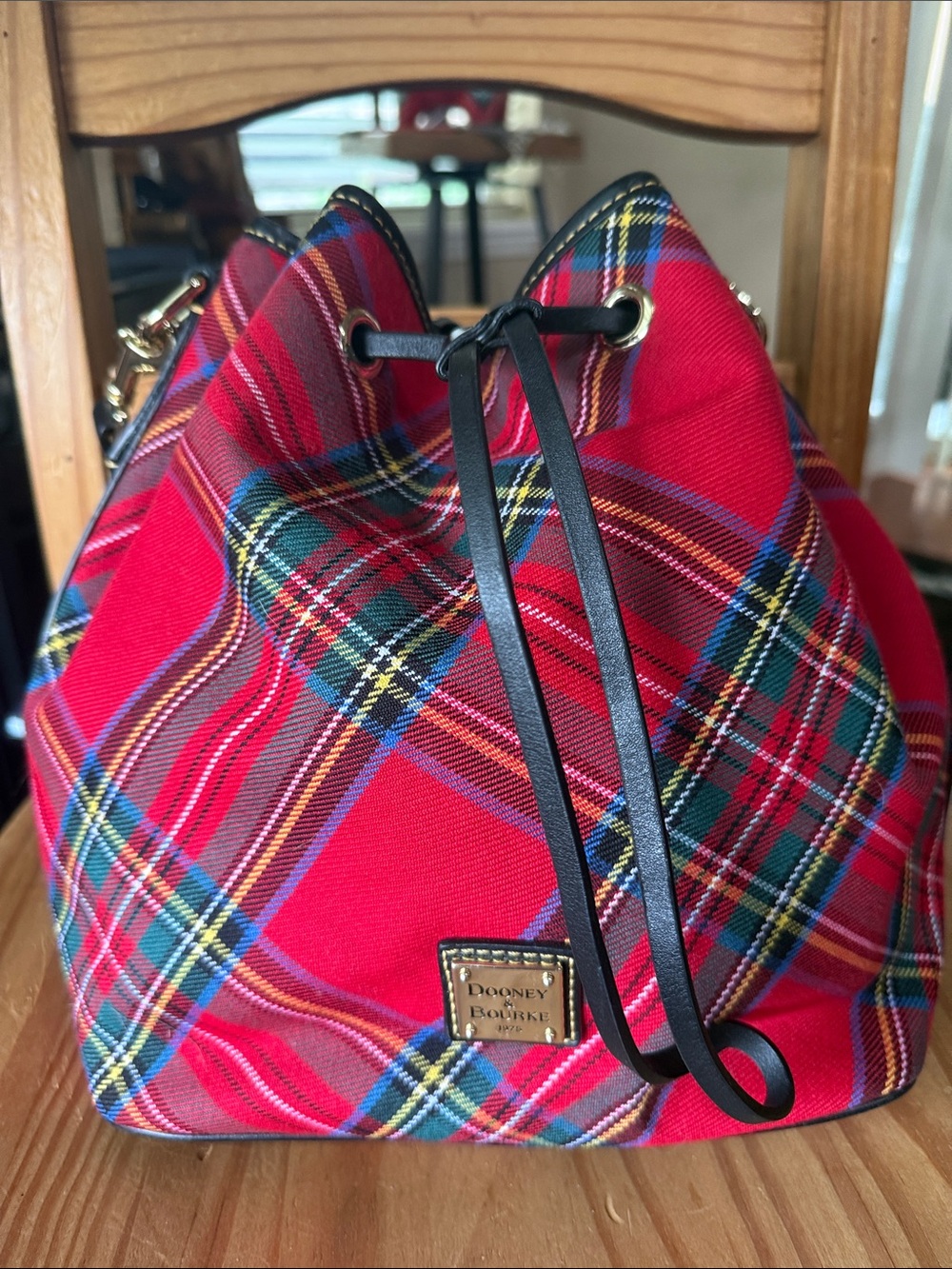Dooney & Bourke Red Plaid Drawstring Bucket Bag with Black Trim